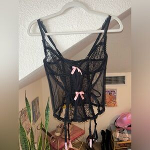 Victoria's Secret Bustier 36C Garter Corset strappy black lace pink satin🎀🖤